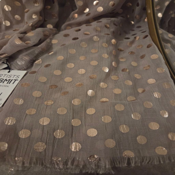 Printed Village 100% polyester beige scarf with metallic champagne color circles - Picture 3 of 8